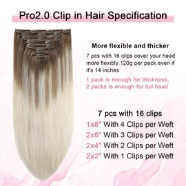 Sweetmet Pro2.0 Clip in Hair Extensions Real Human Hair 120g Thick 7pcs Color #8/60 Ash Brown to Platinum Blonde Remy Real Human Hair Extensions Clip ins 14inch Double Weft（#8/60-14inch）