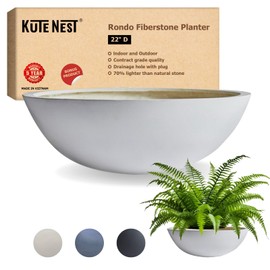 KUTE NEST Round Bowl Planter SML 22" D x 7.7" H, 19.9" Pot Opening Large Fiberstone Bowl Plant Pot for Indoor and Outdoor use, 5 Year Guarantee (Santorini White).