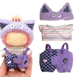 17cm Doll Clothes Set 3PCS: Monster Eye Hat, Striped Shirt, Heart Patched Overalls for Dolls (Style A)