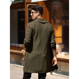Runcati Mens Knitted Cardigan Long Shawl Collar Sweater Autumn Winter Chunky Knit Jacket Open Front Knitwear, Green, M