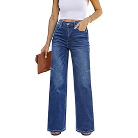 Necooer Women's Wide Leg Jeans High Waisted Distressed Boyfriend Jeans Trendy Mid-Rise Baggy Stretchy Pants Blue