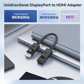 Cable Matters 8K DisplayPort 1.4 to HDMI 2.1 Adapter with 4K 240Hz / 8K 60Hz, Unidirectional DisplayPort to HDMI 2.1 Cable Adapter, Supports RTX4080, RX7900, Not Work with PS5/Xbox, No VRR Support