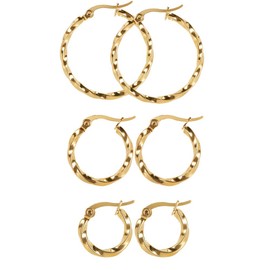 Pargleev 3 Pairs Twisted Stainless Steel Hoop Earrings Set for Women 14K Gold Plated Lightweight Dangle Earrings Gold