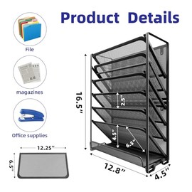 Simple Trending Organizador de archivos de pared, soporte vertical de malla de 7 niveles para colgar, estante de archivos de metal de escritorio para 