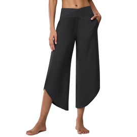 Emlovm Women's Wide Leg Cropped Pants Lightweight Lounge Yoga Pants High Waist Dressy Casual Dance Travel Trousers Plus Size with Pockets Black L