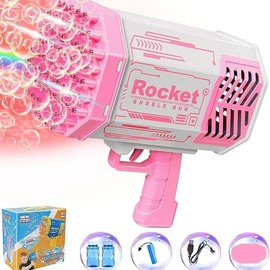 Bubble Machine, 2024 Upgraded Bubble Machine,  69 Holes Automatic Bubbles Machine for Kids Adults Outdoor Toys Gift for Birthday Wedding Party Bubble Blaster for Indoor Bubble Blower bubbly  blaster:_Limited Edition Rocket Bubble Machine - pink