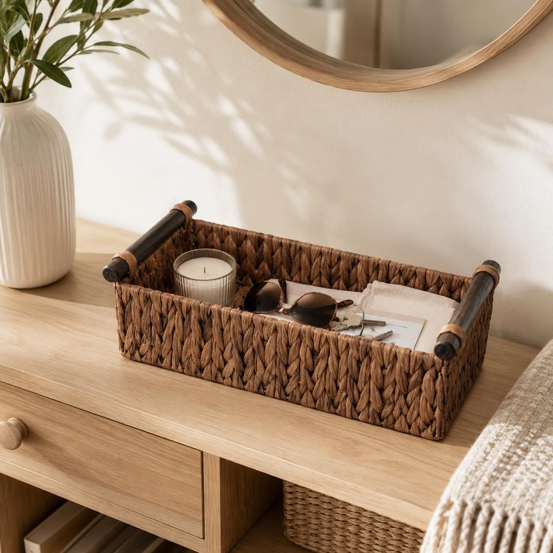 Rattanzenith Water Hyacinth Toilet Tank Basket with Wood Handles, Brown
