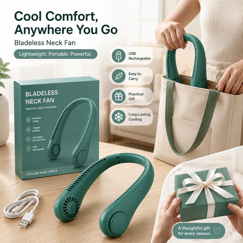 Portable Bladeless Neck Fan for Hands-Free Cooling – 5-Speed USB
