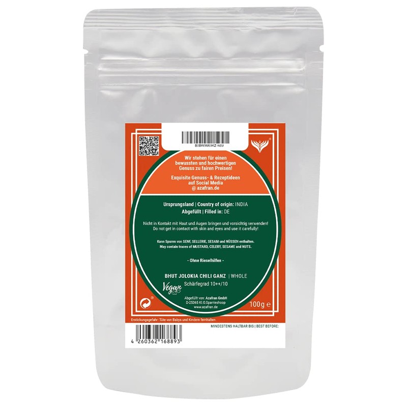 Azafran Bhut Jolokia Chilli Whole Caution Sharp Ghost Chili Pods,