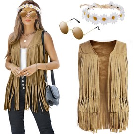 Hippie Costume Women's Fringe Vest Women's Hippie Vest Women's Sleeveless with Glasses Headband Fancy Dress Costumes Women's Carnival Costume Women's 60s 70s Clothing Women's Disco Outfit Hippie