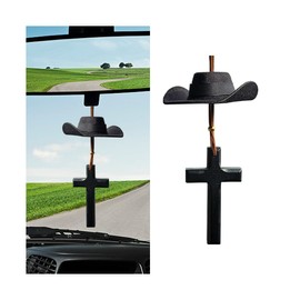 Norkmdi Cowboy Hat Car Charm, Cute Mini Vehicle Rear View Mirror Hanging Pendant with Cross, Western Country Automotive Interior Decorative Accessories, Universal for SUV RV Truck (Black)
