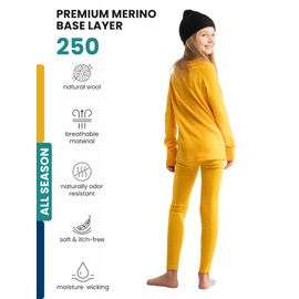 Merino Wool Base Layer Kids Set - Midweight Unisex Merino Wool Thermal Underwear For Kids Top, Bottom, Cuff Beanie (Medium, Mango Tango)