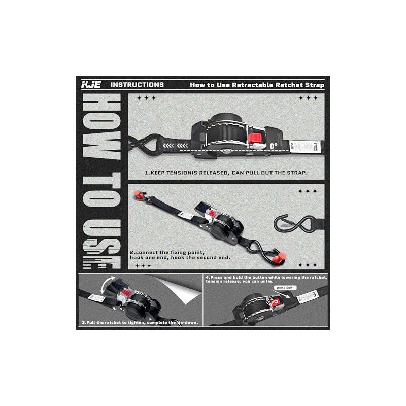 KJE Retractable Ratchet Straps, (4) 1" x 10' Tie Down