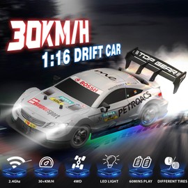 YUAN PLAN 1/16 RC Drift Car, 2.4GHz 4WD Remote Control Drift Car, 30+KM/H High Speed Drift RC Cars with LED Lights 2 Batteries and Drift Tires Race Cars for Adults Boys Kids, Sliver