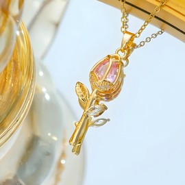 AXIOM Gold Forever Pink Rosebud Pendant Necklaces for Girlfriend, Wife, Birthday, Anniversary, Mothers Day, Weddings, Special Occasions, Present for Women, Females, Girls, Teens. Genuine 18K Gold-Filled Blooming Flower Necklace with Cubic Zirconia, Daint