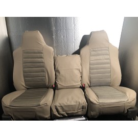 Durafit Seat Covers, F58-L2/Q3, 2002-2010 F250-F550 Super Duty, Front 40/20/40 Split Bench Seat with High Back Buckets Seats, Exact Fit Seat Covers, in Beige Leatherette with a Quilted Insert