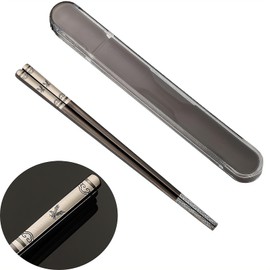 One Pair Portable Chopsticks,Reusable Metal Stainless Steel Chopstick,Travel chopsticks with case,Titanium Plated,Dishwasher Safe (1 Pair Black Eagle)