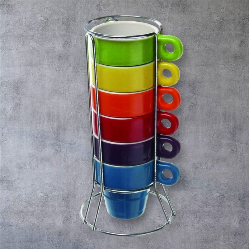 Quailitas Stackable Set of 6 Colourful Ceramic Espresso Mugs