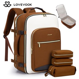 LOVEVOOK Fall Travel Backpack for Women & Men as Personal Item Flight Approved, Large Capacity Carry on Backpack for Airplanes with 3 Packing Cubes and Laptop Compartment, Waterproof WeekenderBag for Hiking, Overnight:_Brown-Beige_40L