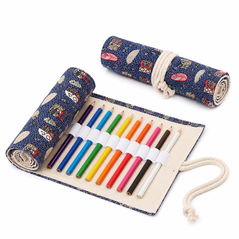 12-Slot Canvas Roll Up Pencil Case with Assorted Designs -