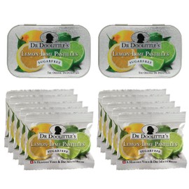 DOOLITTLE Dr Sugar Free Soft Fruit Pastilles for Voice and Throat, Lemon Lime Flavor, Multipack of 2.12 Ounce Tin, 2 Pack and .33 Ounce Travel Size Bag, 10 Pack