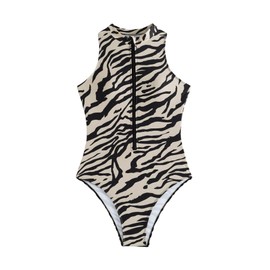 Floerns Women's Zebra Print Sleeveless One Piece Rash Guard High Neck Zipper Surfing Swimsuit Black and White Large