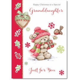 doodlecards Granddaughter Christmas Card Cute Bear with Red Hat Medium Size Christmas Card for Granddaughter with Plain Envelope