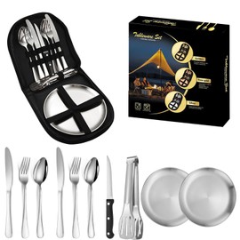 Emapoy 10 Pack Travel Camping Tableware Fork Spoons Plate Cutlery, Stainless Steel Silverware Set, Picnic Portable Stainless Steel Cutlery for Hiking and Camping