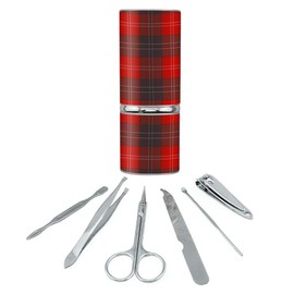 Plaid Red Gray Grey Pattern Stainless Steel Manicure Pedicure Grooming Beauty Care Travel Kit
