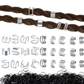32 Pcs Hair Braids Dreadlock Non-Piercing Ear Clip Beard Beads Cuffs Clip Hair Charms, 50pcs Disposable Rubber Band (Sliver)