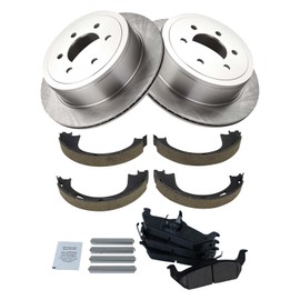 TRQ Rear Brake Pad & Rotor Kit Brake Pads Brake Rotor Parking Brake Shoe Set Ceramic Compatible with 2004-2008 Ford F-150 2006-2008 Lincoln Mark LT