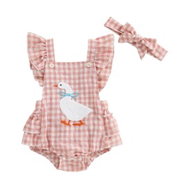 Honganda Cute Baby Girl Summer Romper Flying Sleeve Backless Goose Embroidery Plaid Bodysuit Onesie with Headband, Pink, 12-18 Months
