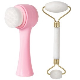 Face Brush 2 in 1, Silicone Facial Cleansing Exfoliating Brush Soft Bristles Pore Deep Cleansing, Jade Face Roller Skin Care Tools, Manual Dual Face Wash Scrub Brush for Massaging, Pink+White