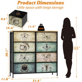 Dresser for Bedroom, 8 Drawer Dressers & Chests of Drawers for TV Stand, Organizer Fabric Storage for Bedroom, Living Room, Hallway, Easy Pull Fabric Bins, Retro Floral Pattern Drawers Wooden Top
