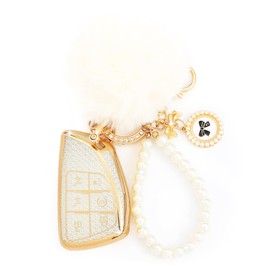 YILINXI Compatible with Chevy Key Fob Cover with Pom Pom Keychain, Car Key Shell Compatible with Chevy Tahoe Suburban GMC Yukon Denali Silverado 2021-2024 Smart Key for Women, Silver-6 Buttons