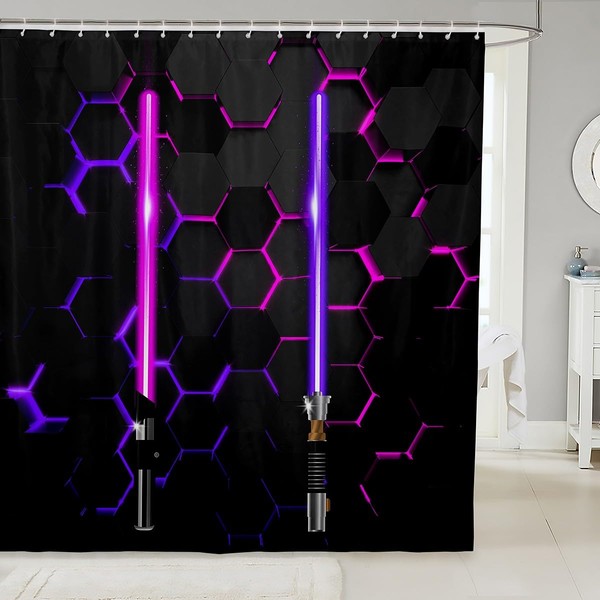 Geometric Honeycomb Shower Curtain Kids Boys Neon Purple Pink Lightsaber