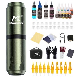 Tattoo gun Kit,Equipped with Cordless Tattoo Machine ，10PCS Tattoo Needles，1 bottle of transfer gel and 1 bottle of 30oz ink，Pro Tattoo Pen for Beginner (Green)