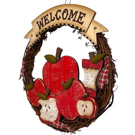 Apple Welcome Wall Door Room Decor Hanging Wooden Art Home Office Indoor Outdoor 12" D (Wreath Apple Welcome)