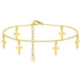 CHIRENMA Ankle Bracelets for Women, 925 Sterling Silver Cross Anklet Chain for Women, Adjustable Silver OT Toggle Clasp Heart Link Chain Anklet Bracelet (style 3-cross)