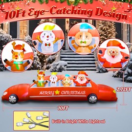 10 FT Long Christmas Inflatable Outdoor Decoration, Merry Christmas Limousine Car with Santa Claus Blow up Yard Decor Built-in LED Lights for Xmas Holiday Garden