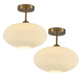Flyrose Ribbed Flush Mount Ceiling Light Set of 2 Large Milk Glass Ceiling Light Mid Century Modern Entry Light Fixture White Semi Flush Mount Lights Gold Globe Hallway Ceiling Light (2 Pack)