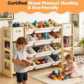 MICZG Extra Large Toy Storage Organizer for Kids - 3-in-1 Wooden Bookshelf with 6 Shelves, 12 Bins + Free 2 Storage Boxes, Anti-Tip for Playroom/Nursery