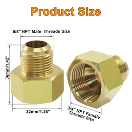 Augiimor 2Pcs Brass Flare Tube Fitting 5/8 Inch NPT Male x 3/4 Inch Female NPT Pipe Reducer Adapter Brass Reducing Pipe Connector