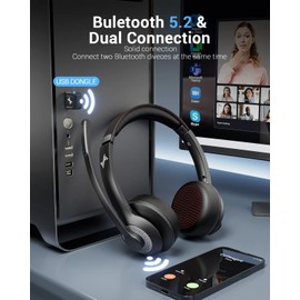 Wireless Headset with AI Noise Cancelling Microphone Bluetooth Headset - Bluetooth V5.2 Headphones with USB Dongle & Mic Mute for Computer/Laptop/PC/iPhone/Android/Cell Phones (Bluetooth+USB Dongle)