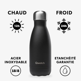 QWETCH Qwetch Thermos Flask, Black, 260 ml, Stainless Steel Bottle, 24 Hours Cold and Warm, Waterproof, BPA Free and Reusable