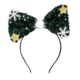 KOLONAMS Christmas Bow Headband Green Sequin Bow Hair Hoop Holiday Cute Headbands Big Bows Hair Band with White Snowflake Star Design Christmas Party Gifts Hair Accessories for Women Headdress 1 Pack