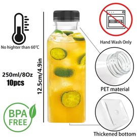 Plastic Juice Bottles 10Pcs, Reusable Juice Containers, 8oz Plastic Smoothie Bottles, Empty Clear Containers with Tamper Proof Lids, for Juicing, Milk, Smoothie, and Homemade Beverages