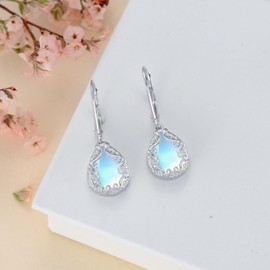 YAFEINI Mondstein Ohrringe Silber 925 Hängend Mondscheinstein Filigrane Tropfen Ohrringe Leverback Ohrringe Blumen Schmuck Geschenke für Mama Damen Frauen