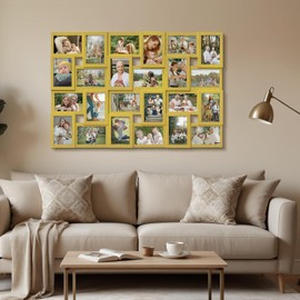 J.M.Deco Collage Picture Frames Wall Decor 24 Slots, Large Photo Frame Collage Wall Hanging for 4 x 6 Photo, Reunion Friends Family Memory - Golden