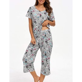 ENJOYNIGHT Women's Cotton Pajamas Set Short Sleeve Top with Capri Pants Sleepwear Set (XX-Large, Grey Dog)